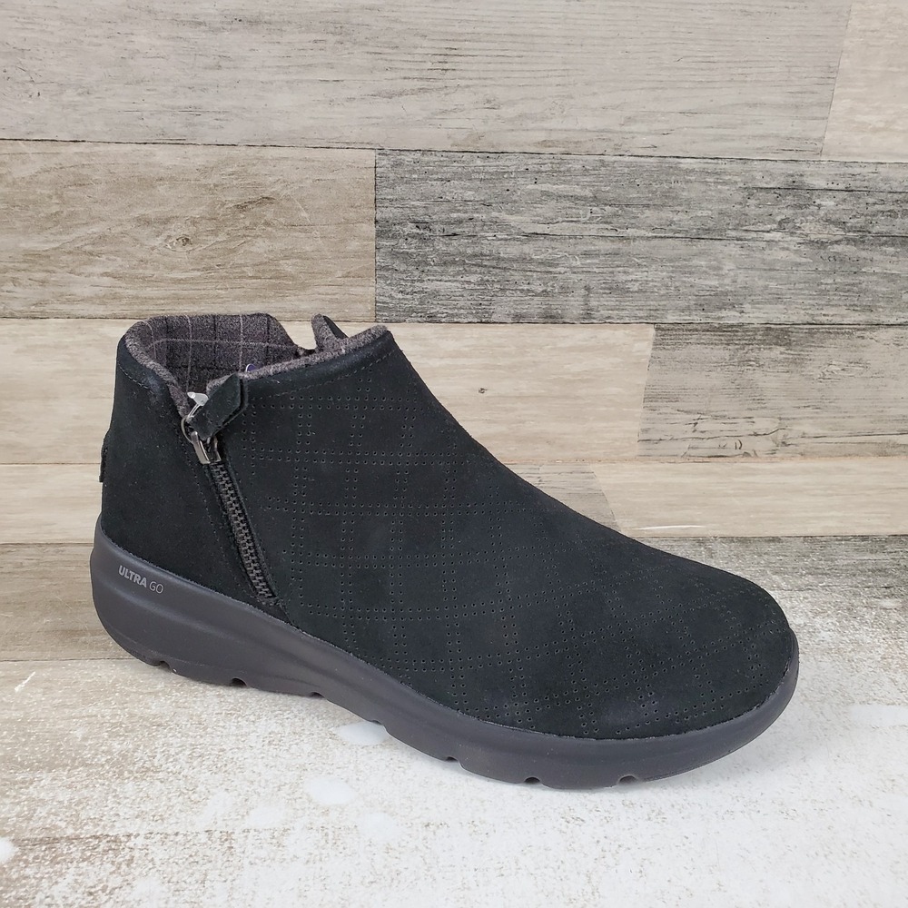 Skechers Glacial Ultra Juliet Bootie Womens Boots Sz 9 Black Leather Side Zipper